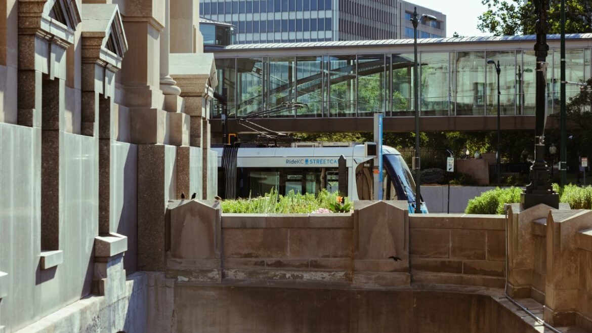A KC Streetcar passing Union Station on Main Street.