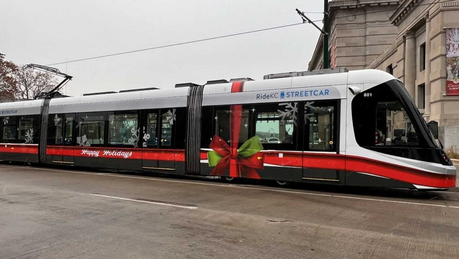 The KC Streetcar with a holiday wrap on it.