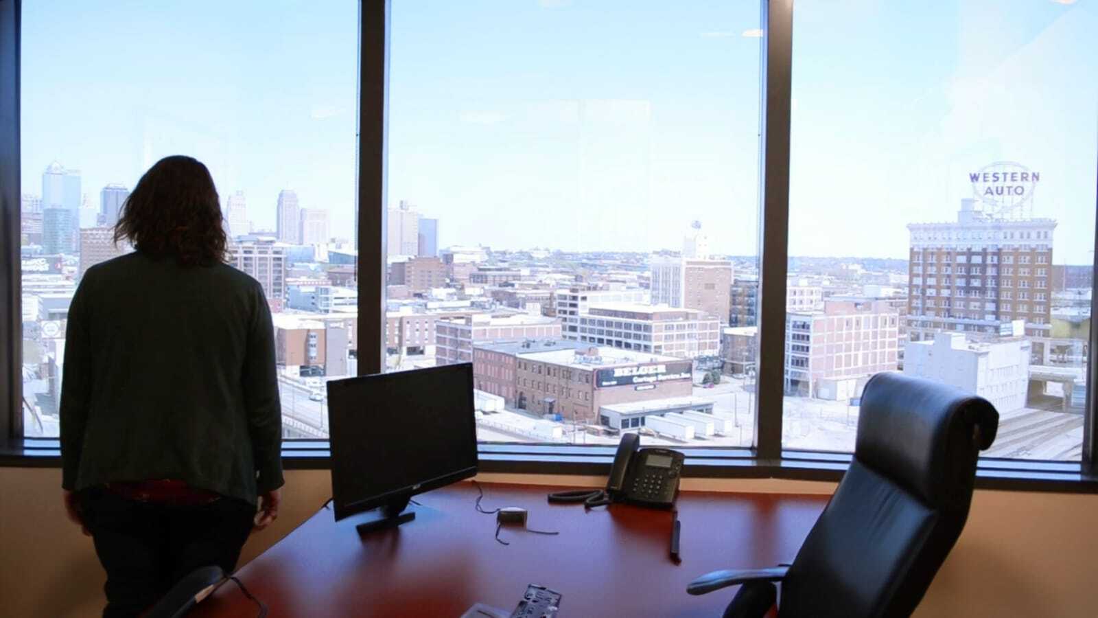 A view of the Crossroads and the downtown skyline from a nearby office.