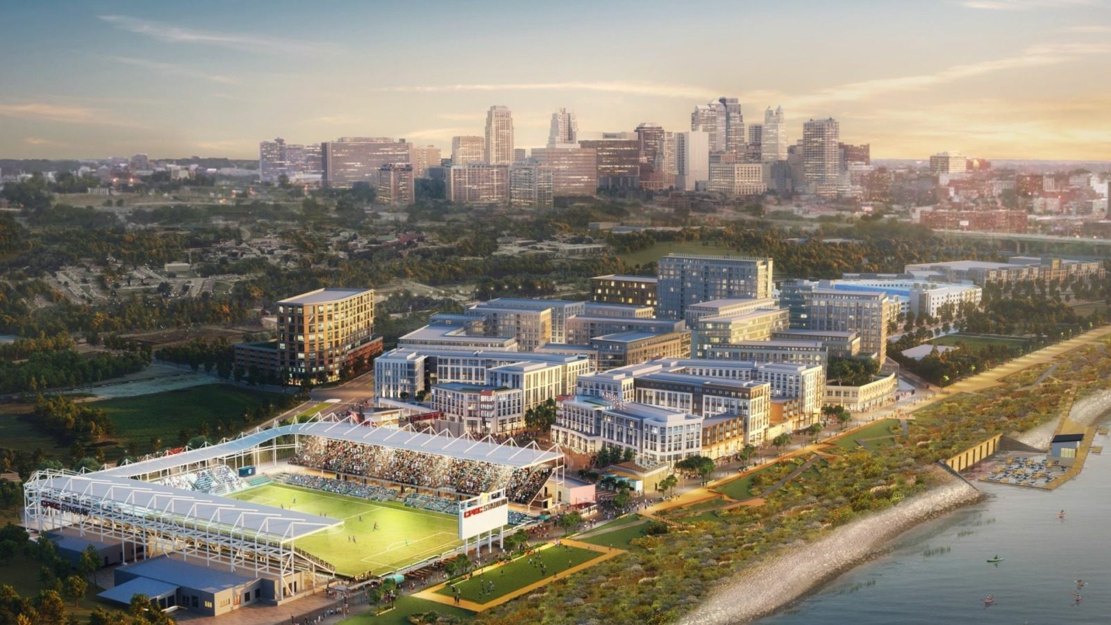 Rendering of a mixed-used development plan next to the new KC Current stadium.