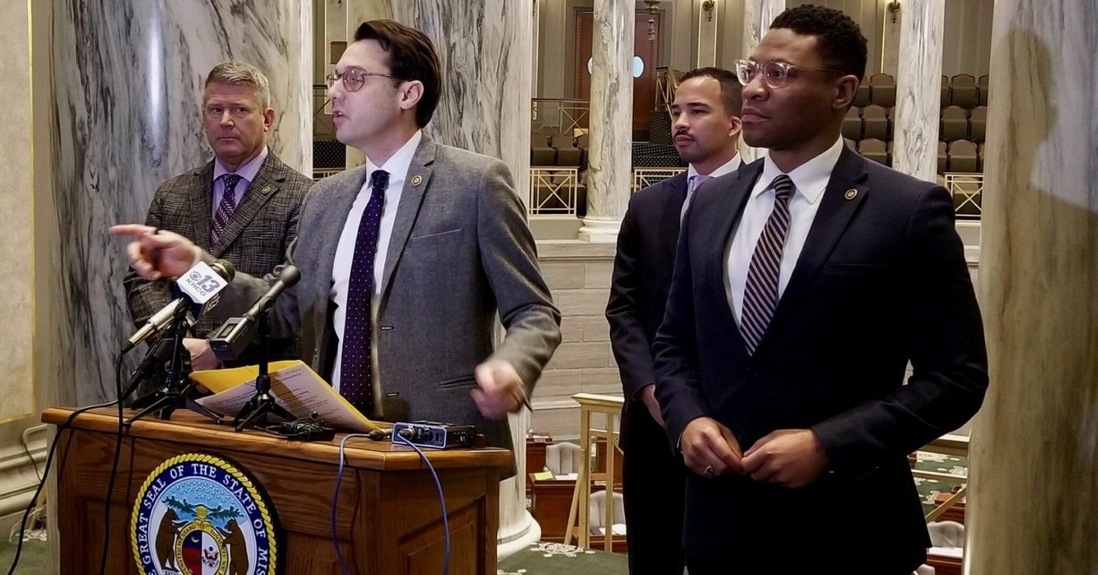 Senate Minority Leader John Rizzo, D-Independence, speaks Thursday at a weekly leadership news conference with (from left) Sens. Doug Beck, D-Affton, Steve Roberts, D-St. Louis, and Brian Williams, D-University City.
