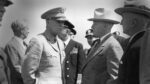 General Dwight Eisenhower with President Harry Truman at an airfield in Brussels, Belgium, en route to Potsdam on July 15, 1945. (Harry S. Truman Library & Museum)