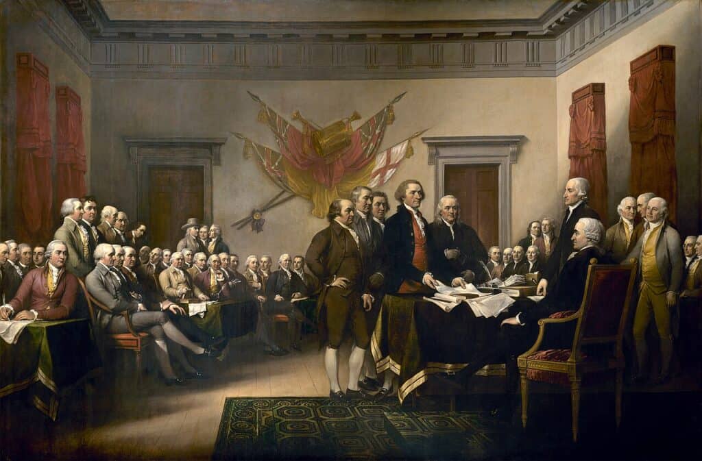 John Trumbull's painting, Declaration of Independence, depicting the five-man drafting committee of the Declaration of Independence presenting their work to the Congress. The original hangs in the US Capitol rotunda. It does not represent a real ceremony; the characters portrayed were never in the same room at the same time. (Wikipedia)