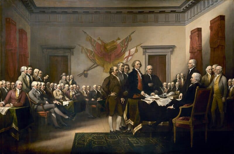 John Trumbull's painting, Declaration of Independence, depicting the five-man drafting committee of the Declaration of Independence presenting their work to the Congress. The original hangs in the US Capitol rotunda. It does not represent a real ceremony; the characters portrayed were never in the same room at the same time. (Wikipedia)