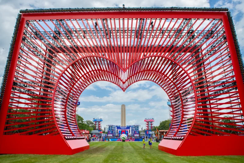 As teardown begins after Kansas City's World Cup Fan Fest, the public is wondering what will become of the 65-foot-tall heart-shaped entrance to the National WWI Museum and Memorial’s south lawn. (Gabe Rosenberg | KCUR 89.3)