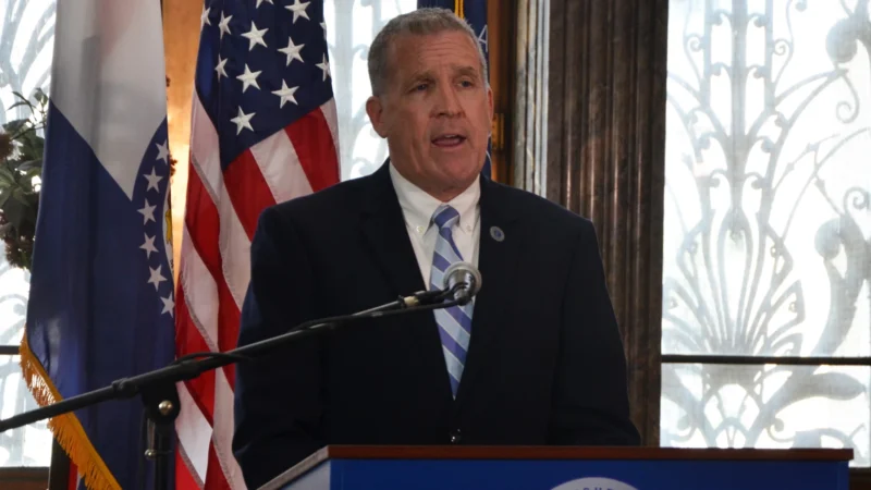 At a press conference, Interim Jackson County Executive Philip LeVota denied the charges against him. (Grace Hills | KCUR 89.3)