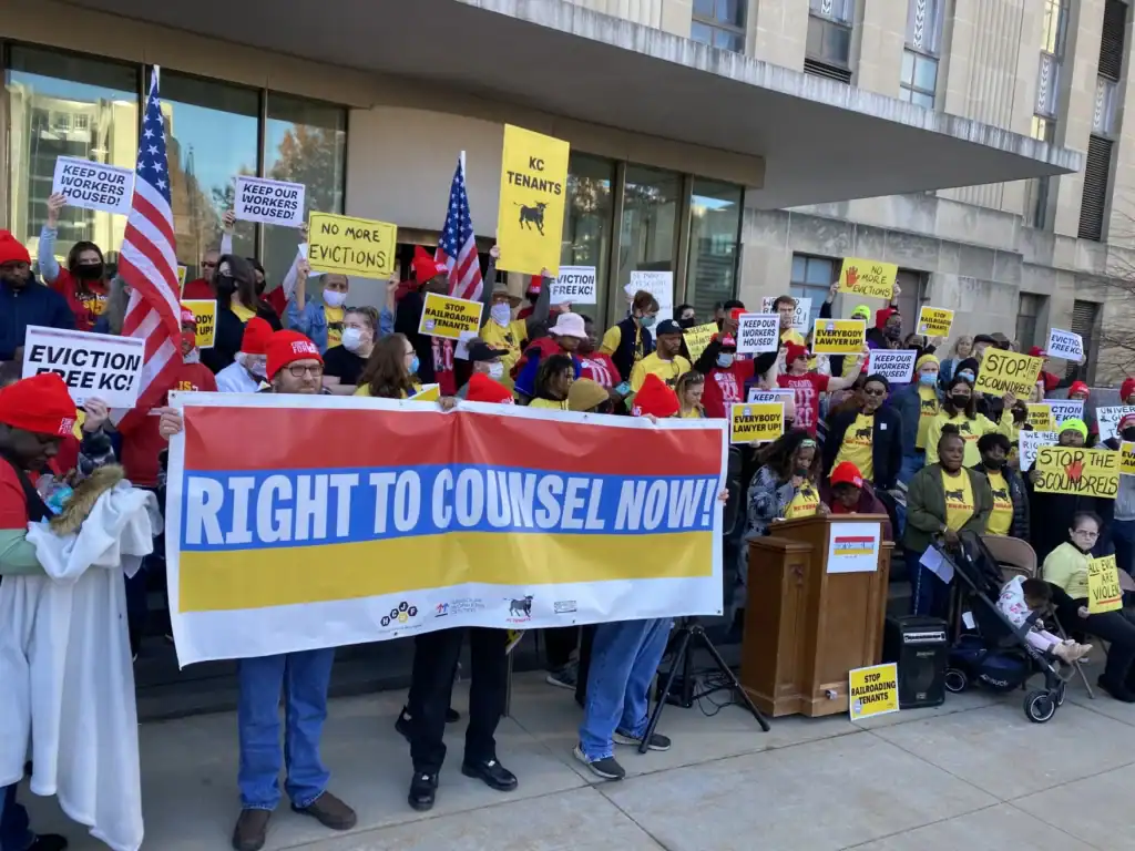 In 2021, Kansas Citians demonstrated for the right of tenants to have a lawyer appointed to them in eviction court. (Carlos Moreno | KCUR 89.3)
