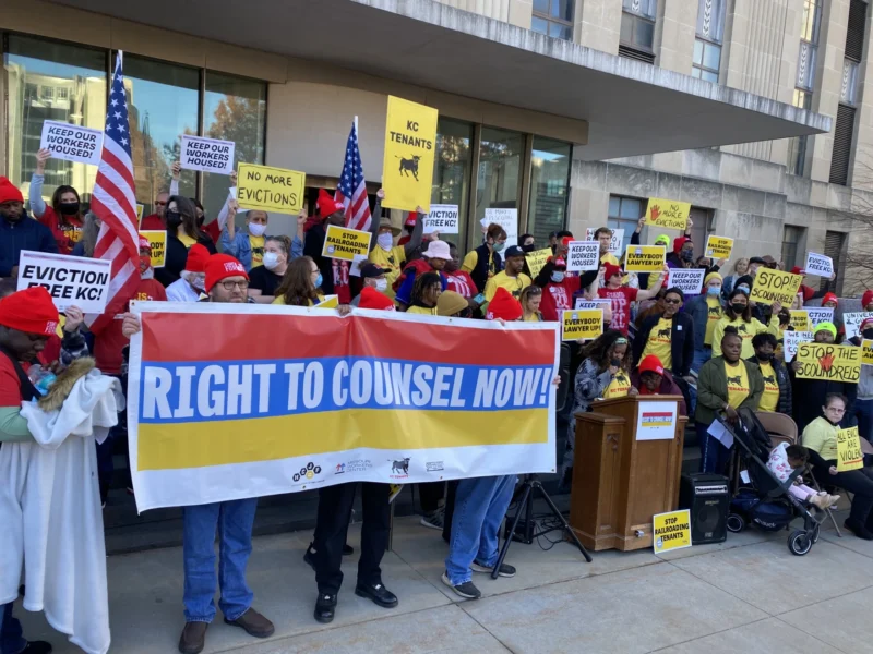 In 2021, Kansas Citians demonstrated for the right of tenants to have a lawyer appointed to them in eviction court. (Carlos Moreno | KCUR 89.3)
