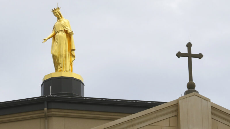 A Virgin Mary statue stands positioned at the top of the Immaculata in St. Marys, Kansas. The sect that built it, the Society of St. Pius X, has been excommunicated. (Photo by Thad Allton for Kansas Reflector)