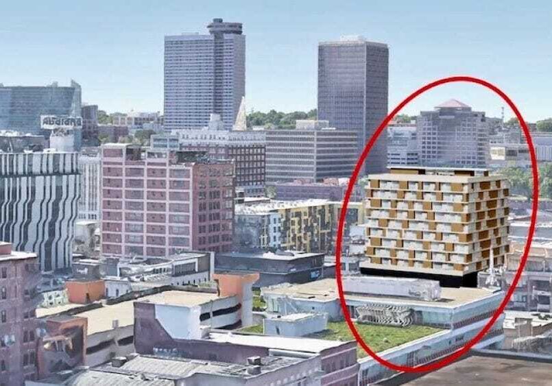 An aerial view of the proposed 12-story 1818 Main project looking south.
