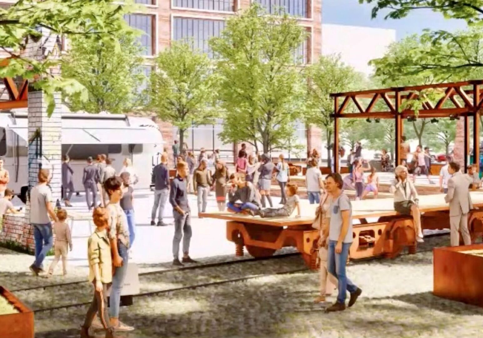 A conceptual rendering of a street scene in a part of the SomeraRoad plan for a six-block section of the West Bottoms.