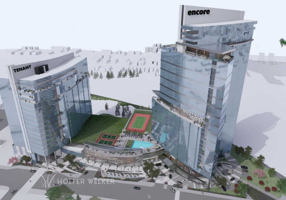 A major development being pursued on Broadway across from the Kauffman Center could include a 40-story apartment/hotel tower (right) in its first phase and a second tower later.