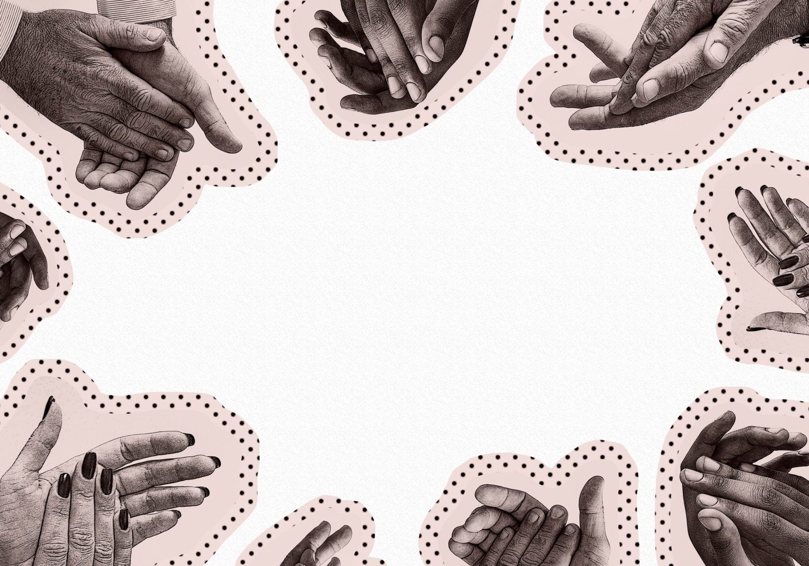 Cut-outs of various people's hands frame a canvas. This image accompanies an FAQ that anwers questions about COVID-19.