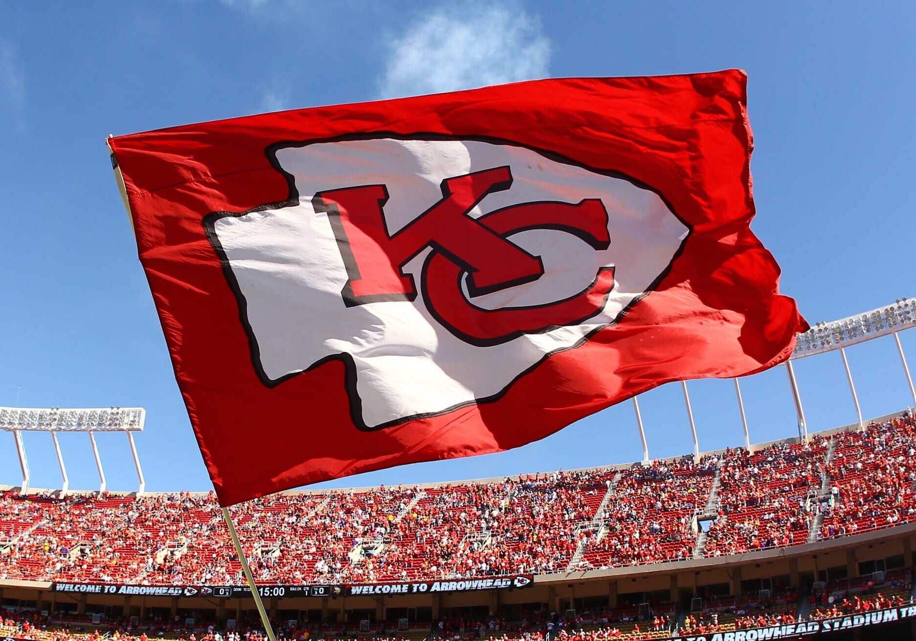 Chiefs flag waves in Arrowhead Stadium.