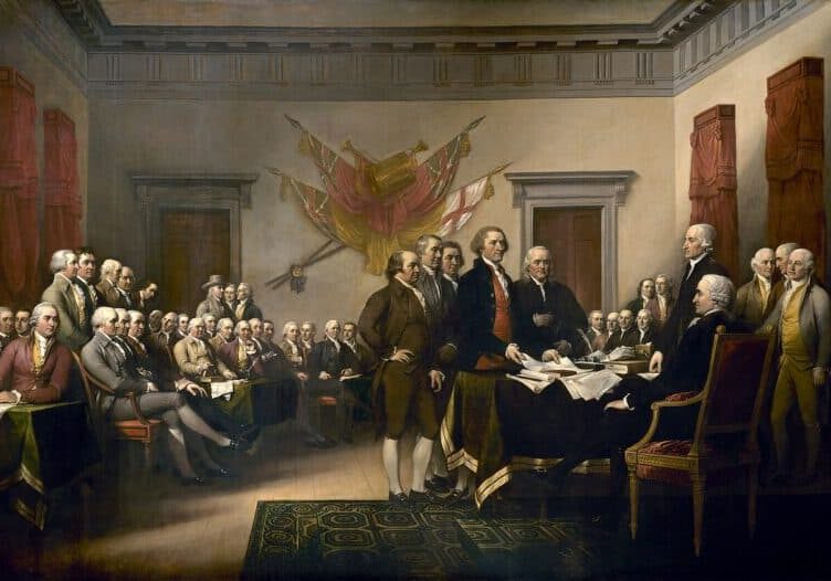 John Trumbull's painting, Declaration of Independence, depicting the five-man drafting committee of the Declaration of Independence presenting their work to the Congress. The original hangs in the US Capitol rotunda. It does not represent a real ceremony; the characters portrayed were never in the same room at the same time. (Wikipedia)