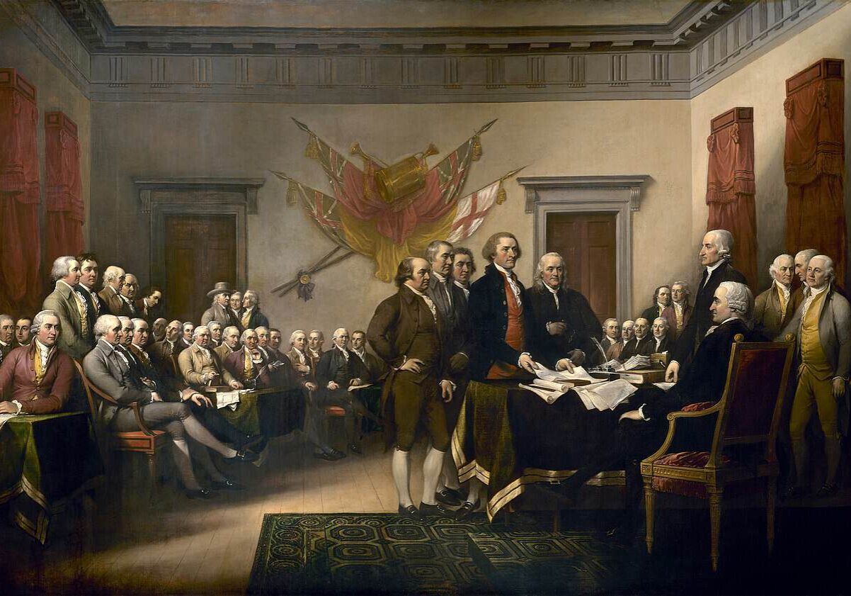 John Trumbull's painting, Declaration of Independence, depicting the five-man drafting committee of the Declaration of Independence presenting their work to the Congress. The original hangs in the US Capitol rotunda. It does not represent a real ceremony; the characters portrayed were never in the same room at the same time. (Wikipedia)