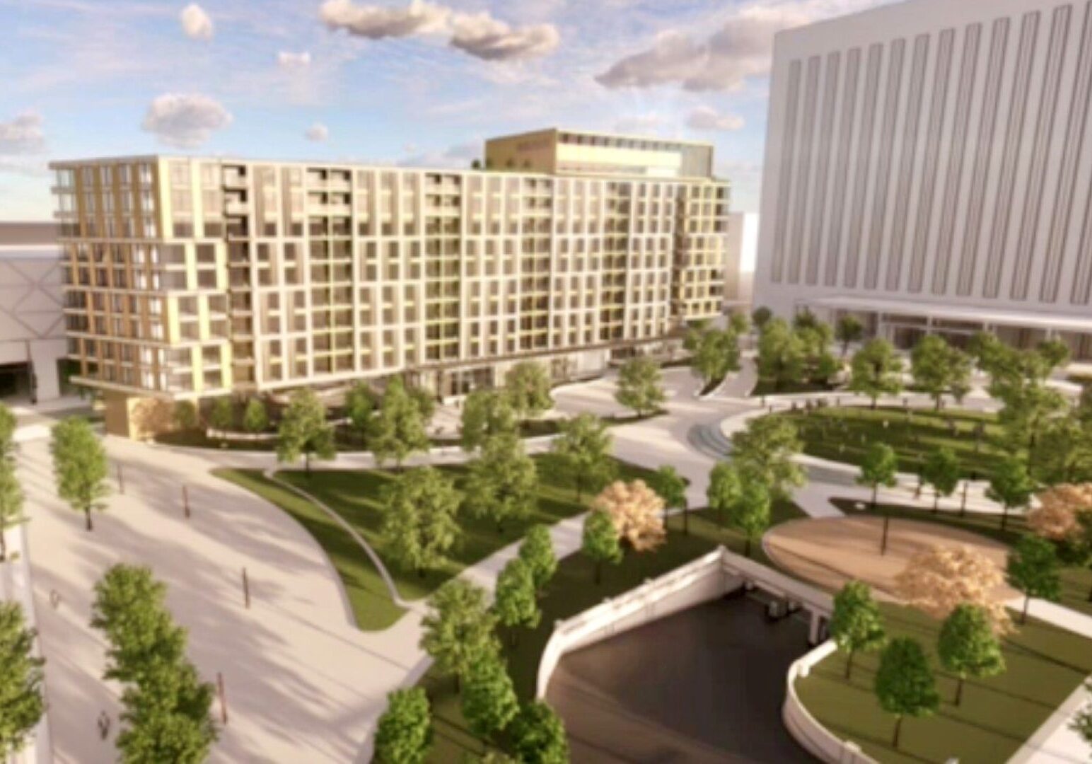 A rendering of the proposed 10-story, 226-unit apartment project proposed by Development Collaborative. with a redeveloped Barney Allis Plaza in the foreground.