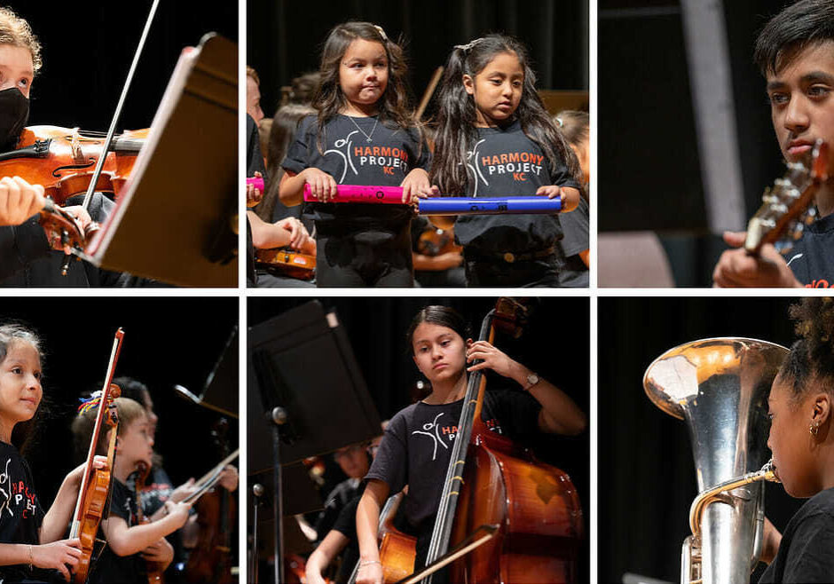A collage of six photos of children in Harmony Project KC playing instruments.
