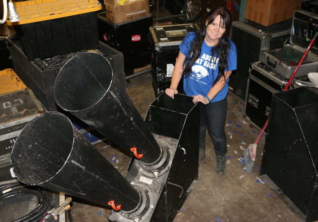Woman holding a confetti cannon at Visual FX 
