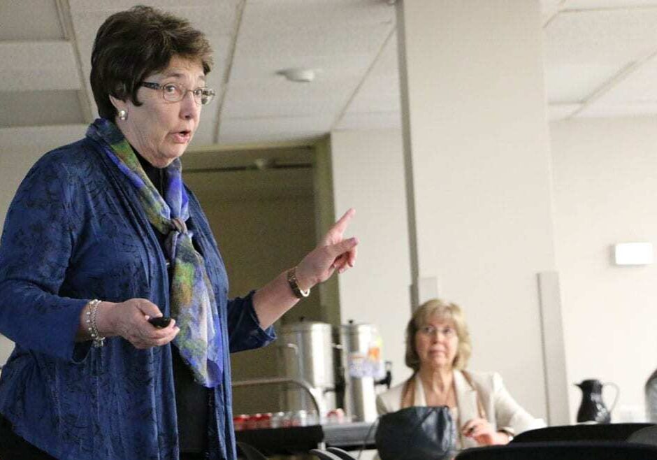 Kansas Assistant Attorney General and Director of the Anti-Human Trafficking Unit Pat Colloton speaks with community members in Pittsburg, Kansas, on the topic of human trafficking. Photo: Caitlin Cress, Flatland
