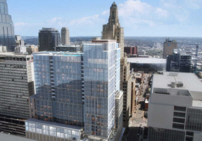 A view of the proposed Lux Living tower at 14th and Wyandotte looking east.