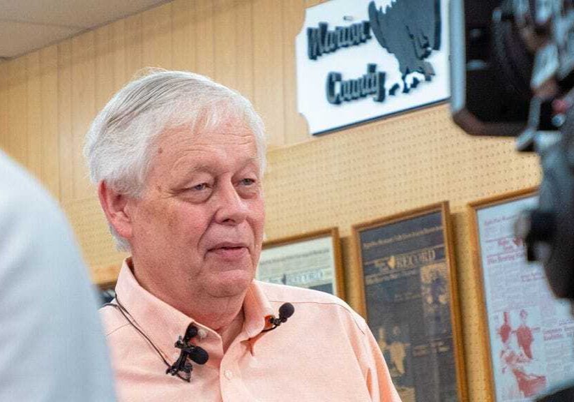 Marion County Record publisher Eric Meyer talks to reporters during an Aug. 16, 2023, news conference in his newsroom.