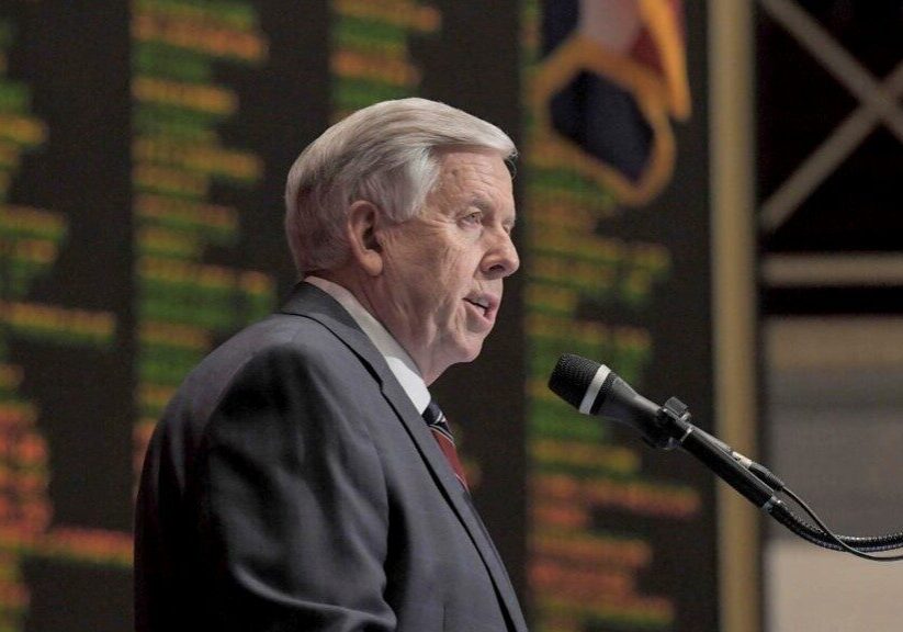 Missouri Gov. Mike Parson delivers a speech.
