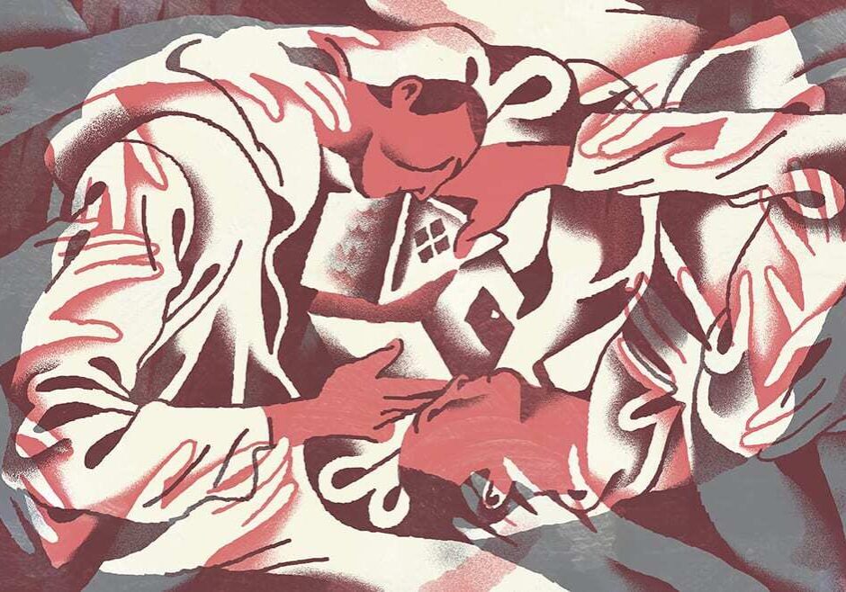 illustration of two figures and many hands mending a broken home.