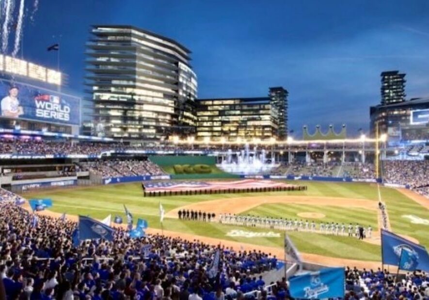 A rendering of a potential downtown Royals ballpark.