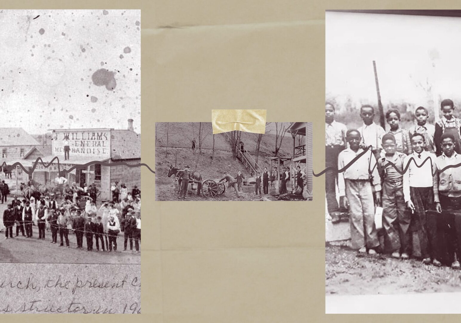 Archival photos are laid on a tan piece of paper, denoting how our journalist traced down the history of Parkville.