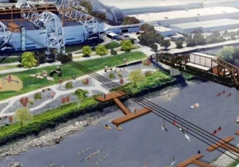 Plans for an aerial park using the "space frame" supporting the Hy-Vee Arena roof include ziplines extending over the Kaw River and a harness course utilizing the frame.