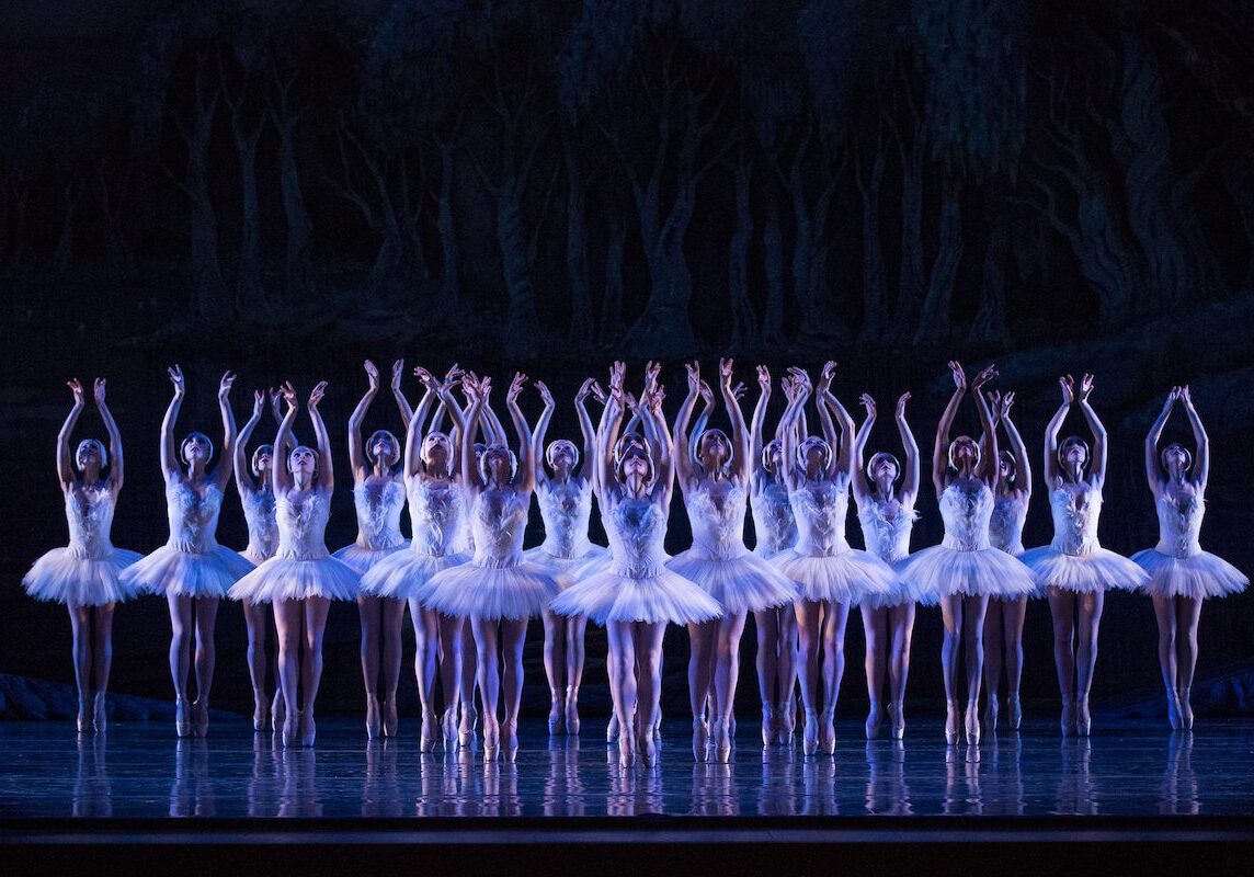 Ballerinas on stage in the production of Swan Lake.