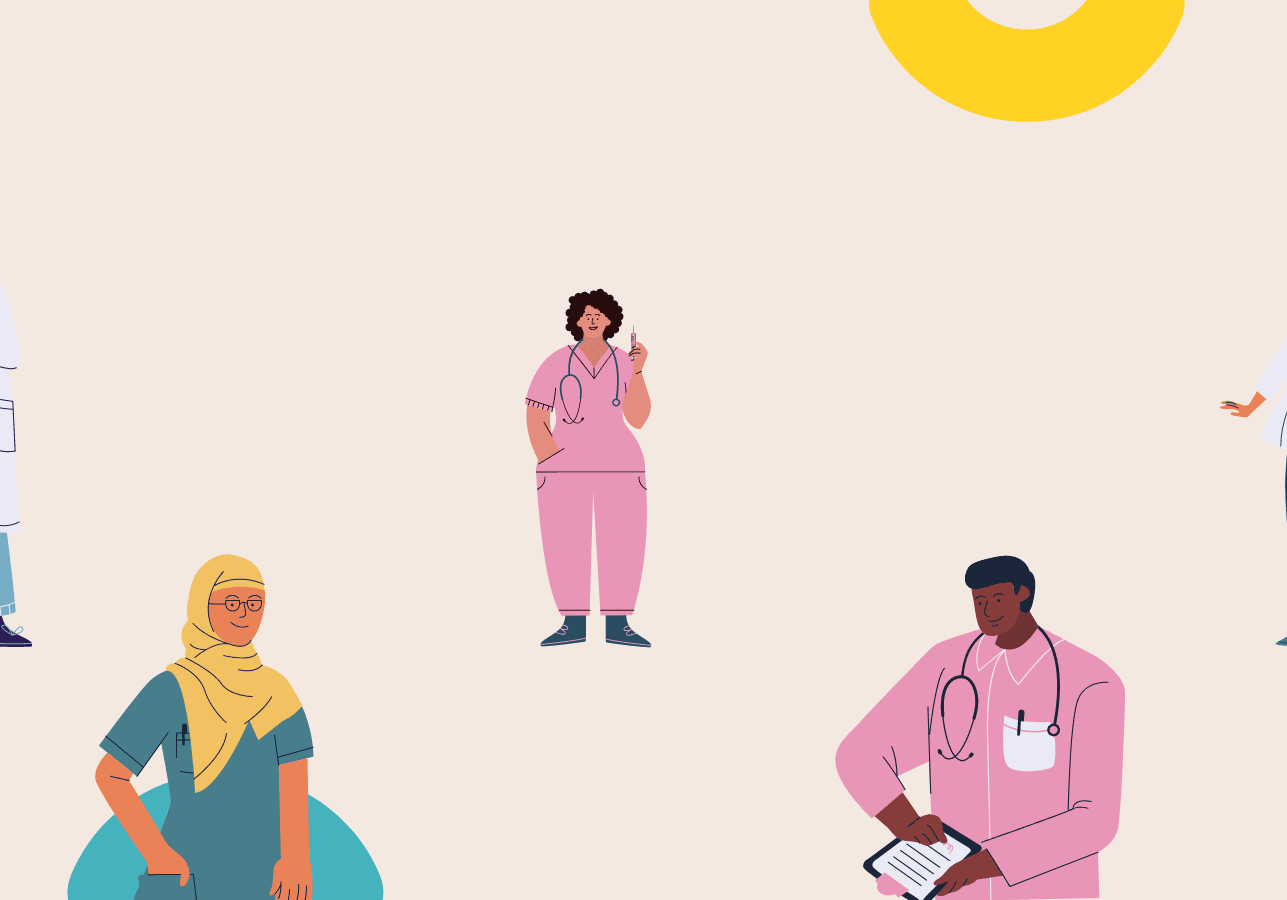 Colorful illustrations of nursing staff, physicians and other medical staff are scattered on a backdrop of multi-colored half circles.