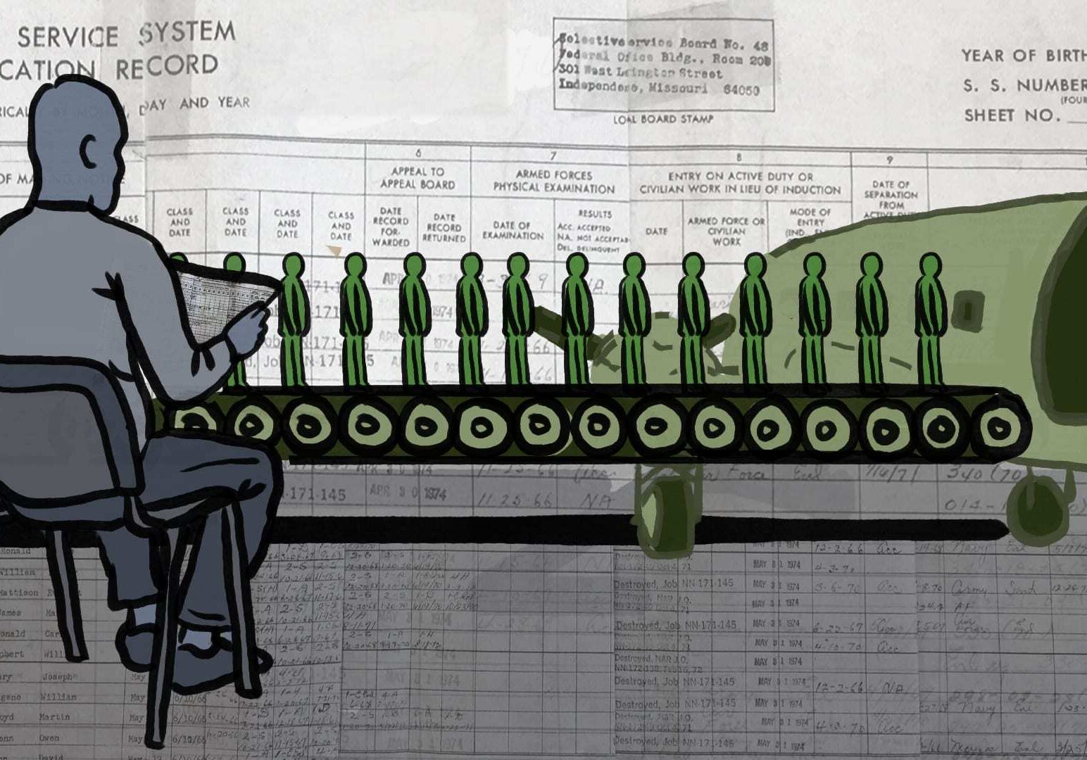 A man looking at a selective service document while soldiers load a military plane on a conveyer belt