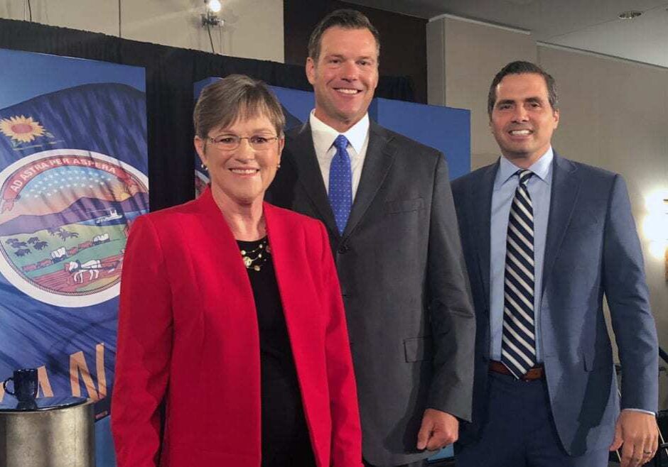 Laura Kelly Ileft), Kris Kobach (center), and Greg Orman