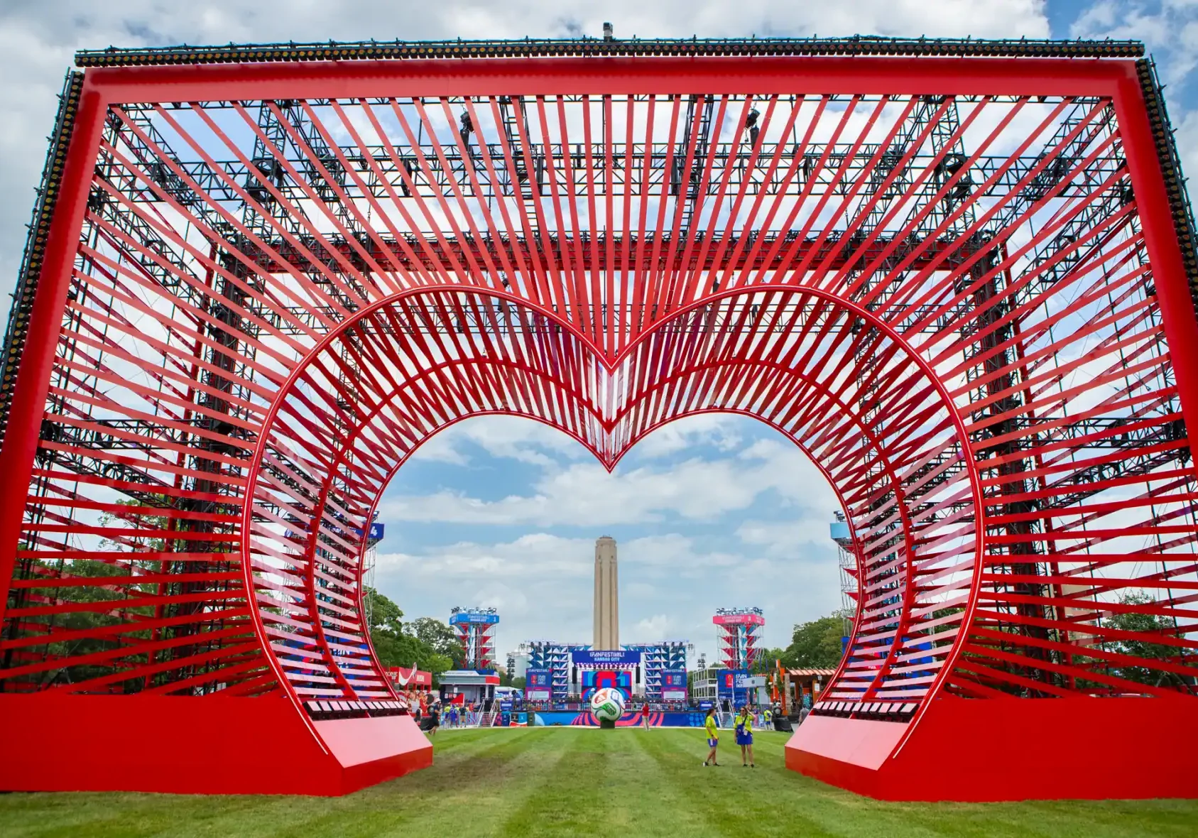 As teardown begins after Kansas City's World Cup Fan Fest, the public is wondering what will become of the 65-foot-tall heart-shaped entrance to the National WWI Museum and Memorial’s south lawn. (Gabe Rosenberg | KCUR 89.3)