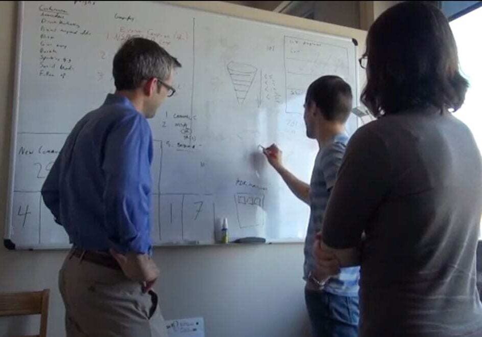 people at whiteboard brainstorming