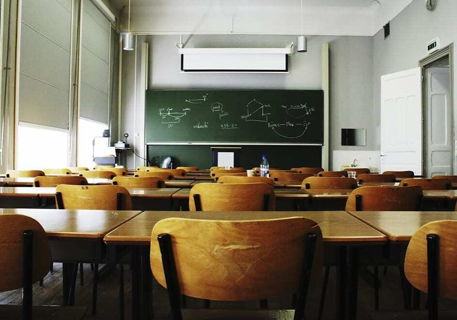 A large, empty classroom. Stock photo.