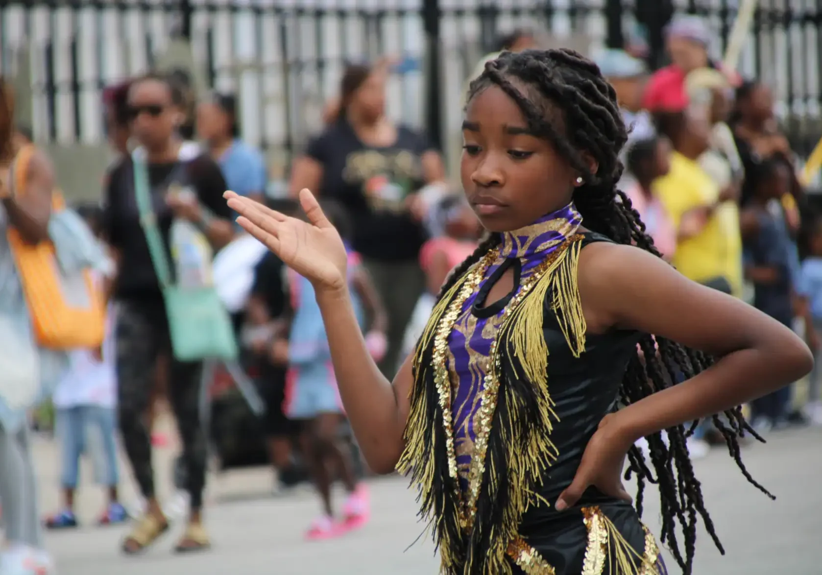 A Reign KC dancer performs at the at the JuneteenthKC Cultural Parade in the 18th and Vine District in 2022. (Bek Shackelford-Nwanganga | KCUR 89.3)