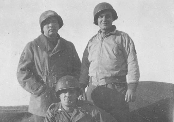 1st Sgt. William McGraw, left, and two friends, somewhere in France, 1945. "Sarge" was father to reporter Mike McGraw, who would inherit the war-time letters between his parents. (Credit: McGraw family)