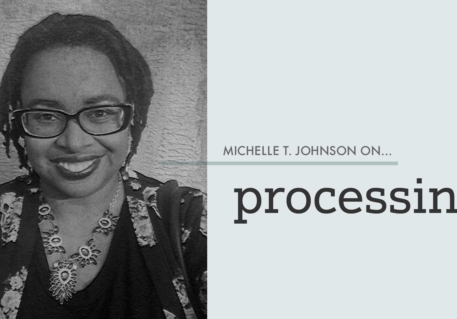 a woman with the text "processing"