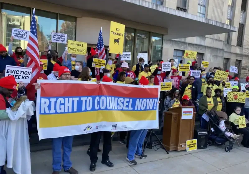 In 2021, Kansas Citians demonstrated for the right of tenants to have a lawyer appointed to them in eviction court. (Carlos Moreno | KCUR 89.3)
