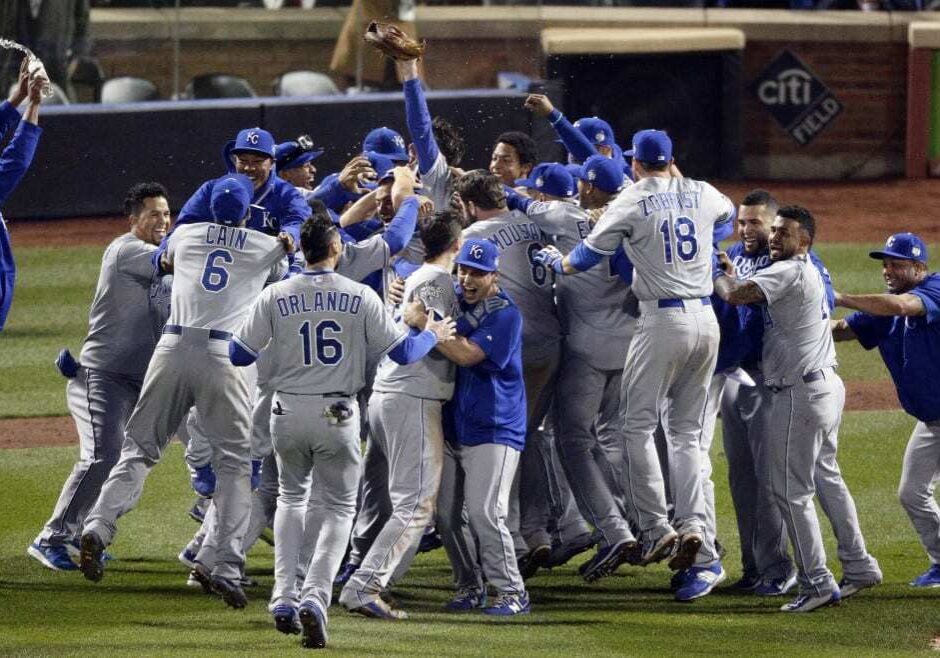The Boys in Blue celebrate after Game 5 of the Major League Baseball World Series against the New York Mets on Monday night in New York. The Royals won 7-2 to win the series. (Photo: Charlie Riedel | AP)