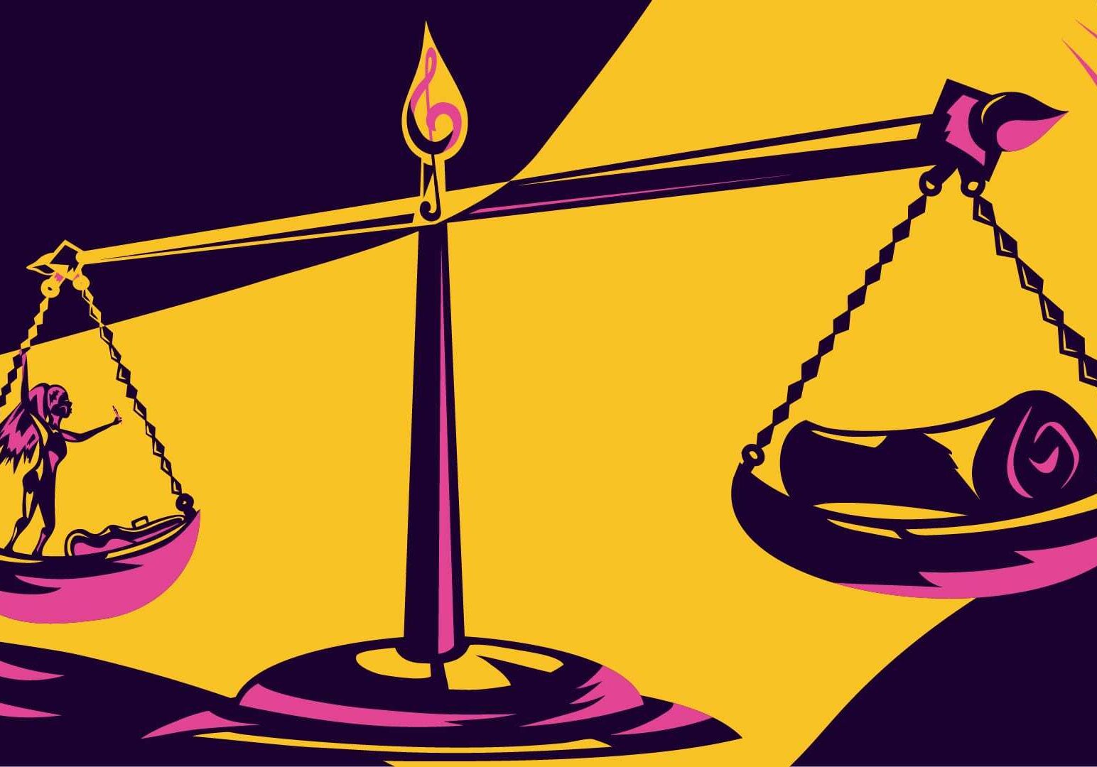 a female rocker on the scales of justice