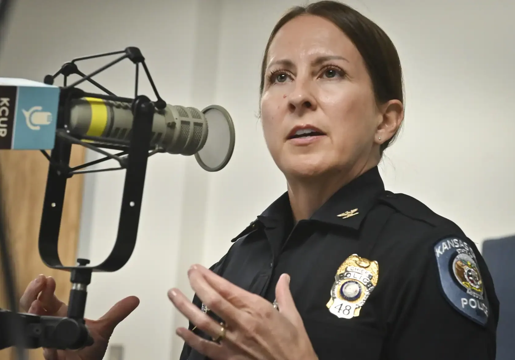 Kansas City Police Chief Stacey Graves talks Tuesday, Sept. 1, 2026 about her pending retirement. (Carlos Moreno | KCUR 89.3)