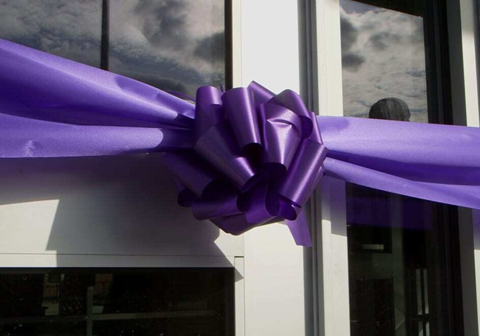 Close up of big purple ribbon on doors