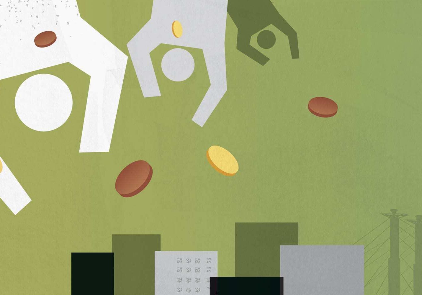 Illustration of upside down people with coins