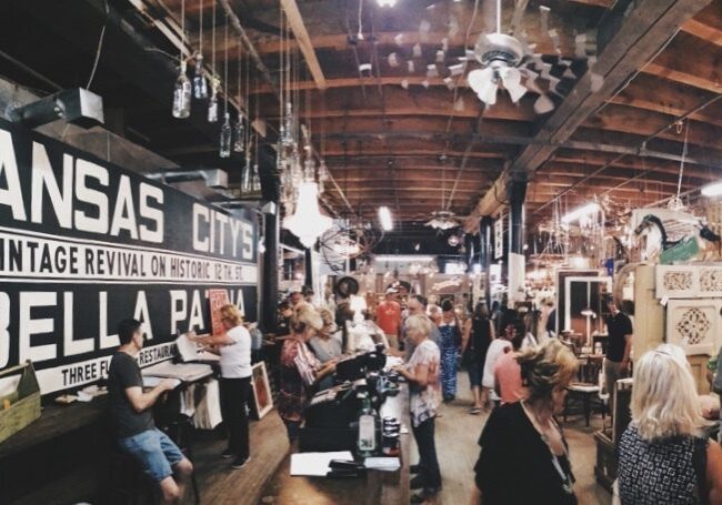 A crowded vintage store counter.